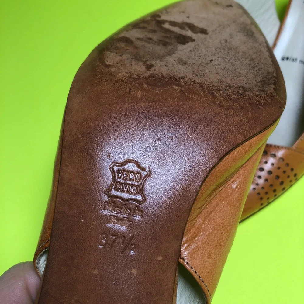 Nancy Nancy Geist Slingback Heels Women 37.5 Tan Leather Perforated Italy Kitten